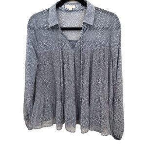 LC Lauren Conrad Sheer Blue White Pleated Long Sleeve BoHo Blouse Size Small